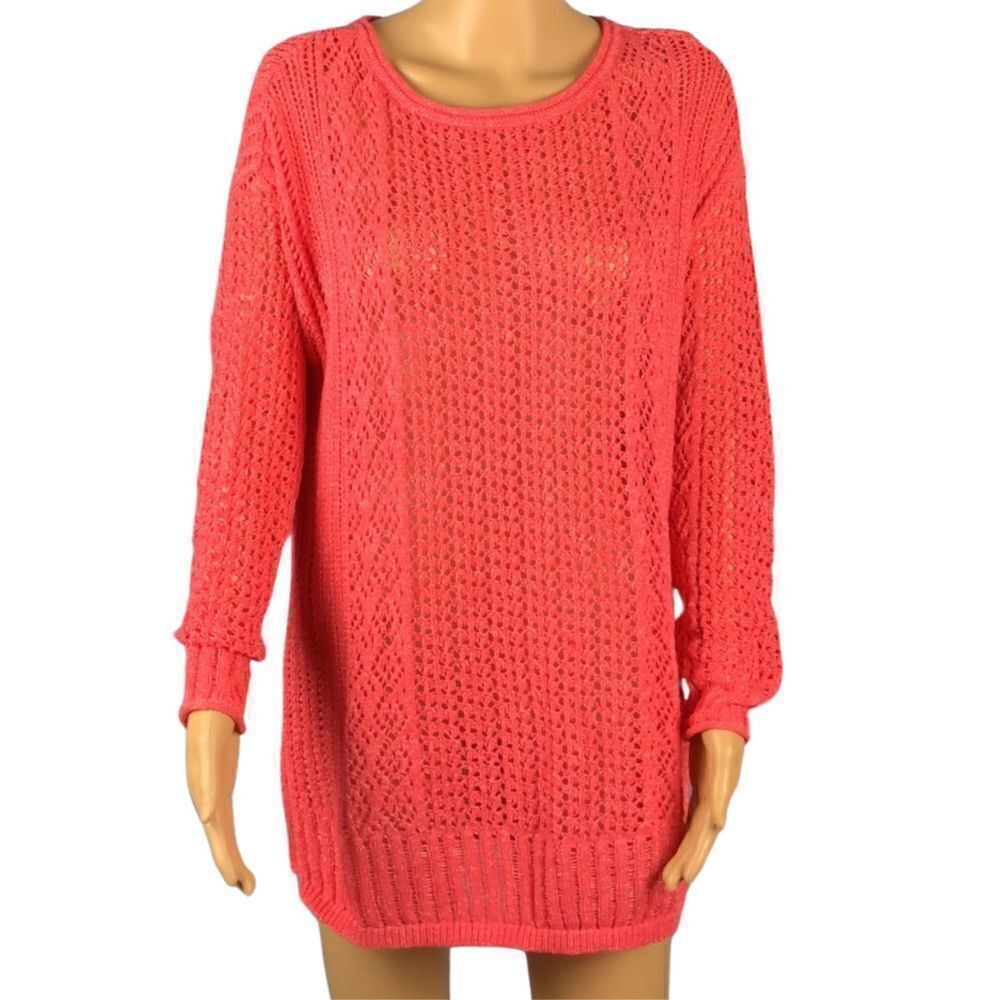 Chico's Pullover‎ Summer Sweater Open Stitch Coral Pink Shimmer Cable Knit, Sz 1